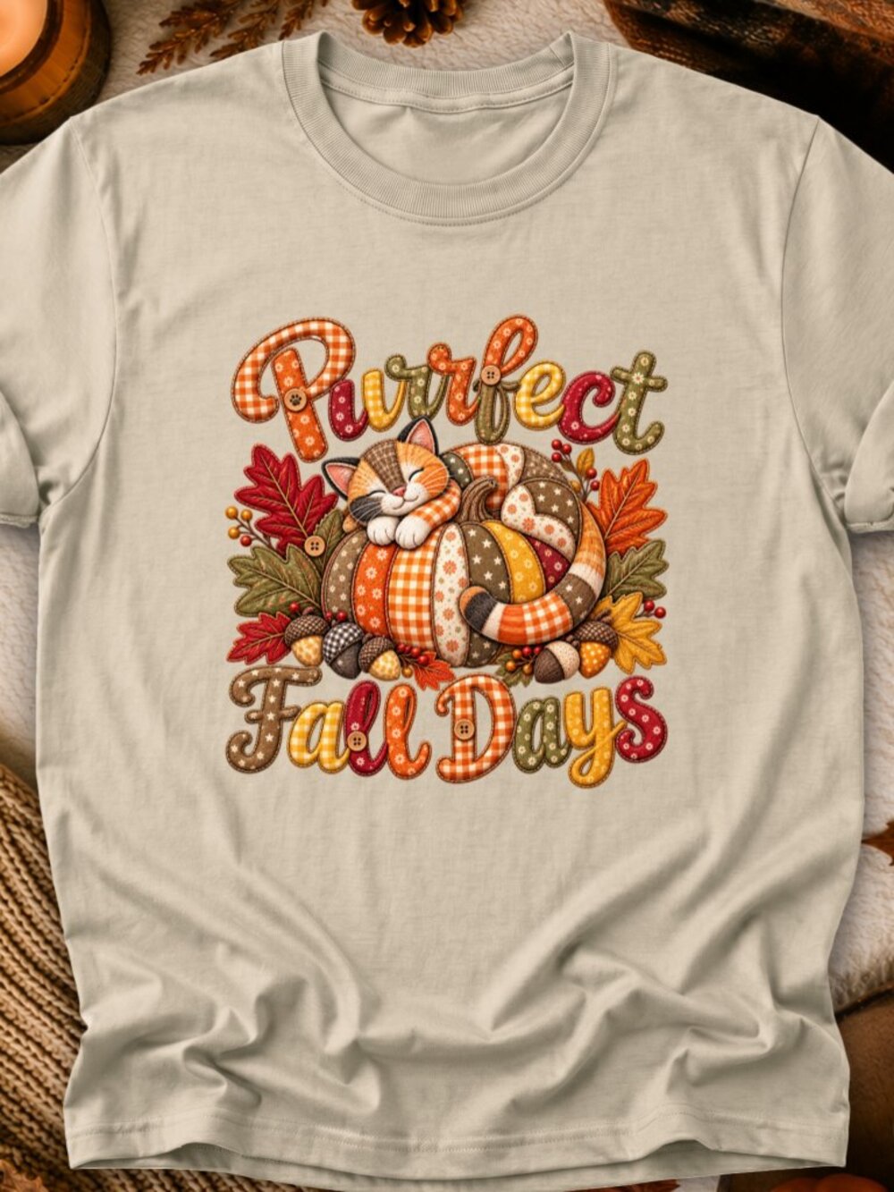 Purrfect Fall Days TShirt Graphic Tee Adult Unisex Applique Cat Autumn Leaves